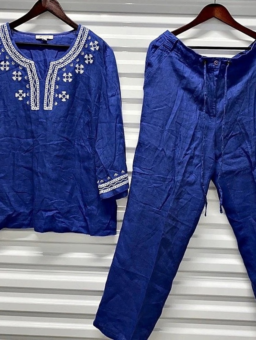 JM Collection Linen Embroidered Top and Pants Set Blue & White Size 16